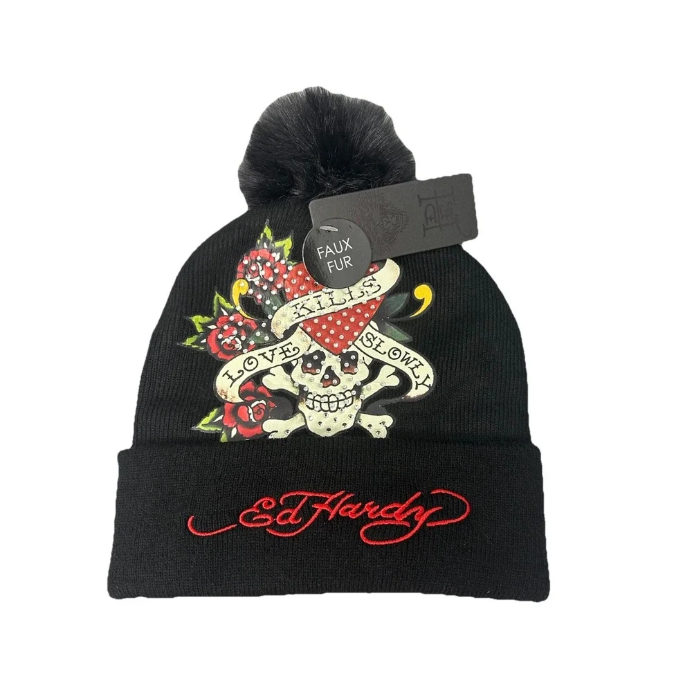 Ed Hardy Unisex's Knit Faux Fur Pom Black Beanie Hat One‎ Size New